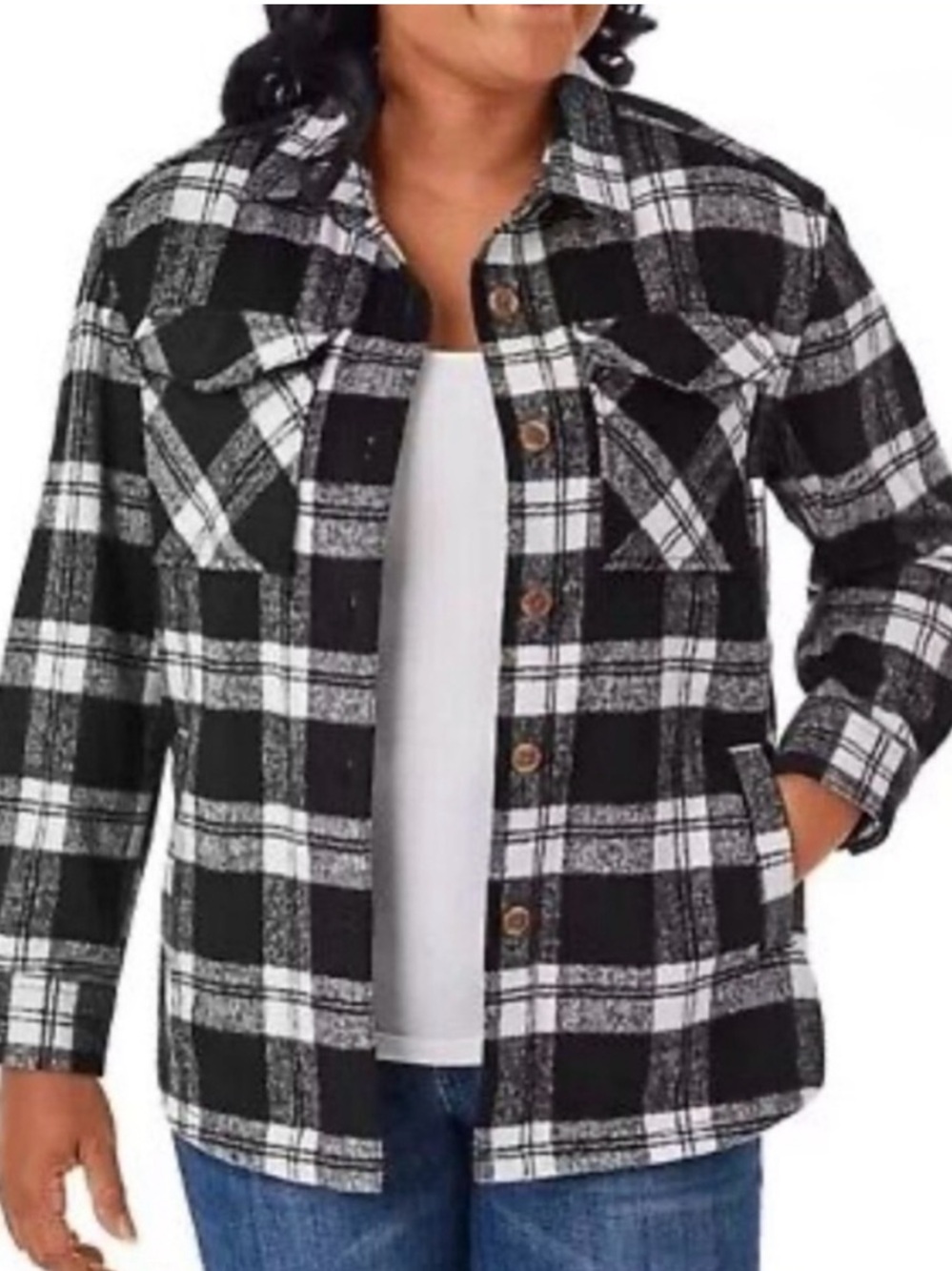 🆕 Plaid Button-Front Shacket Jacket - Black/White
